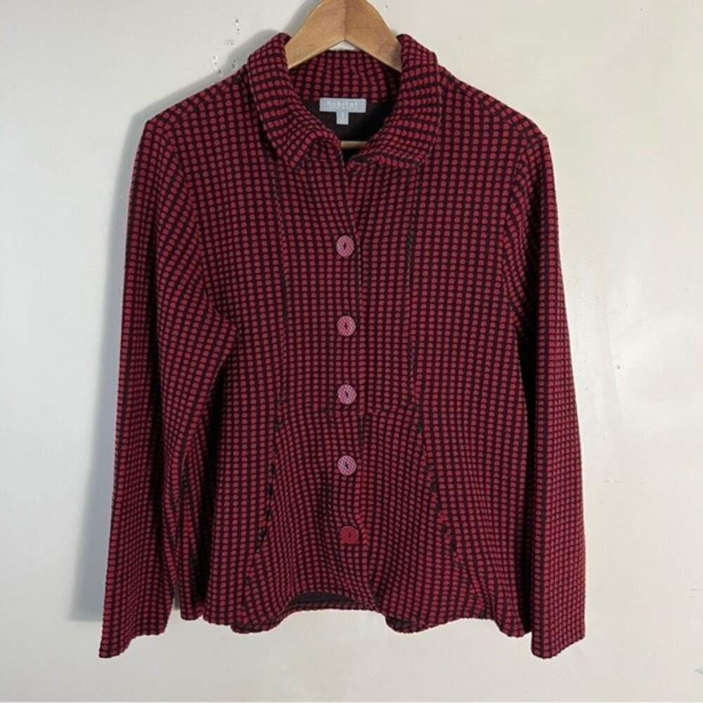 Habitat Stretch Red Black Button Front Lightweight Jacket Size Small Lagenlook